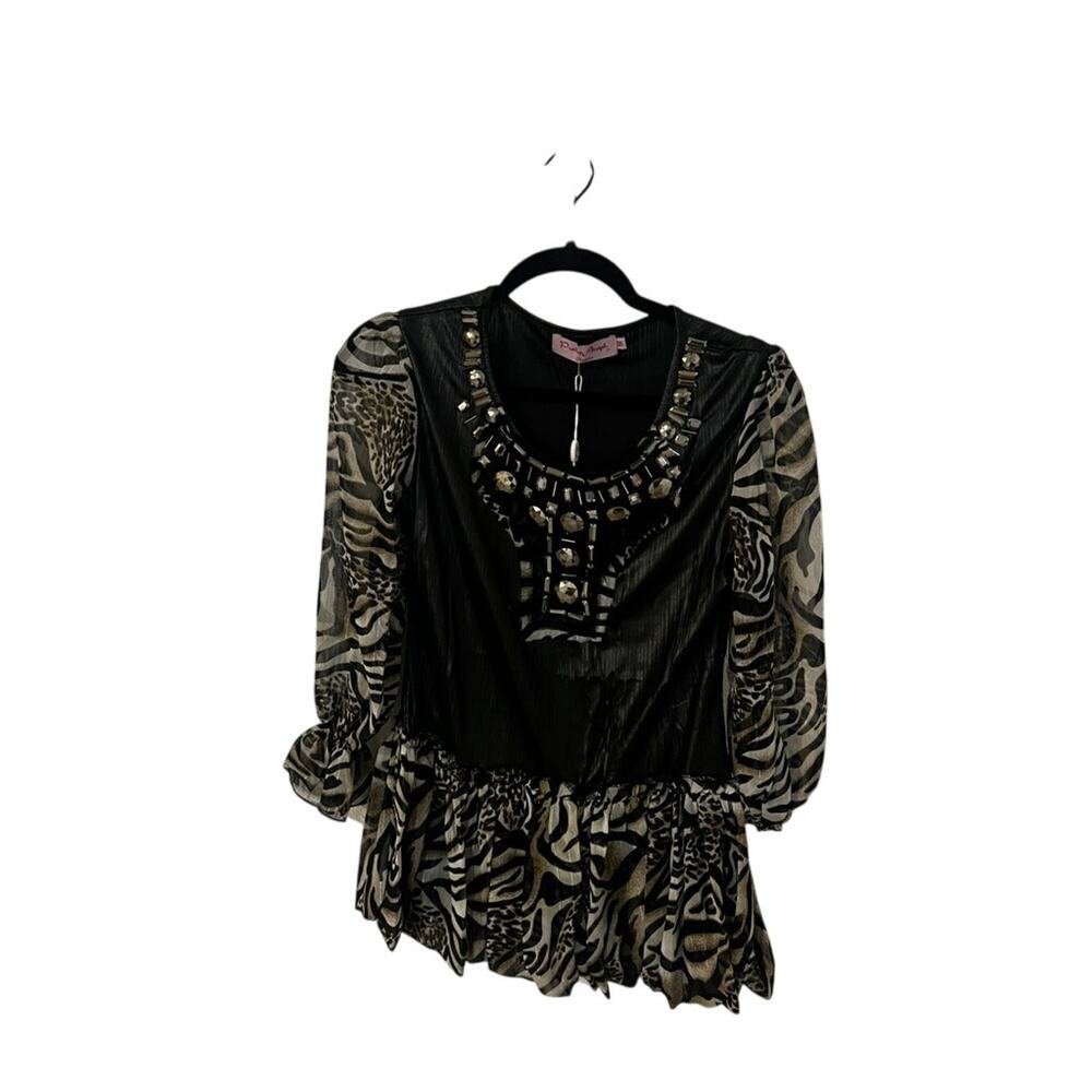 NWT Pretty Angel zebra & black top w sheer sleeves dressy beaded size M